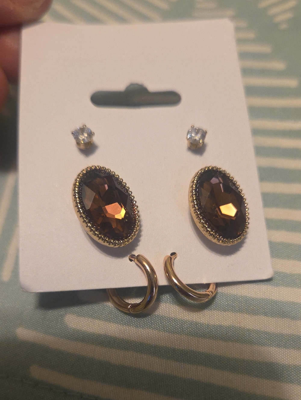 New Set Of 3 Gold-Tone Brown Faceted Oval Earrings